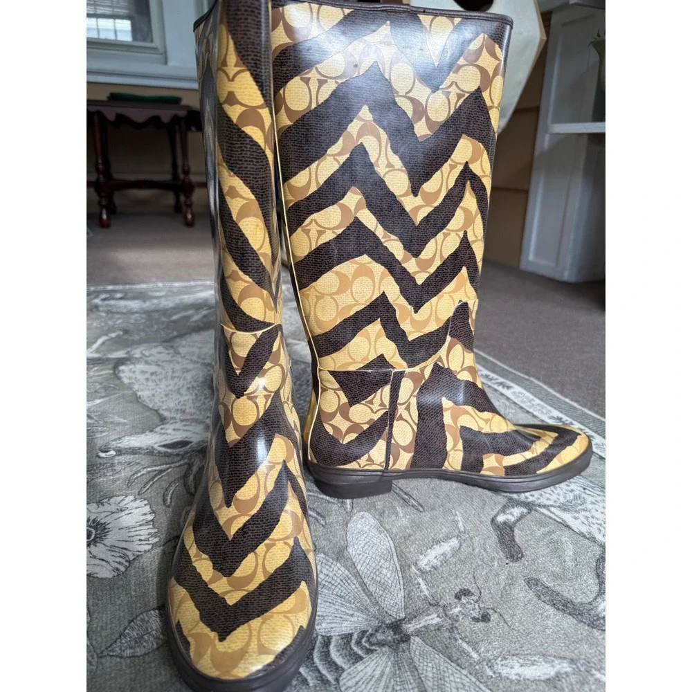 Coach Pammie Rain Boots Brown Tan Signature C Luxury Zebra Tall Womens 10B